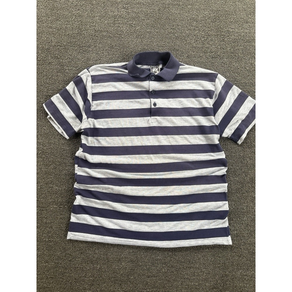 Vintage Campus American Action Gear Striped Polo Shirt XL Navy Gray USA 80s